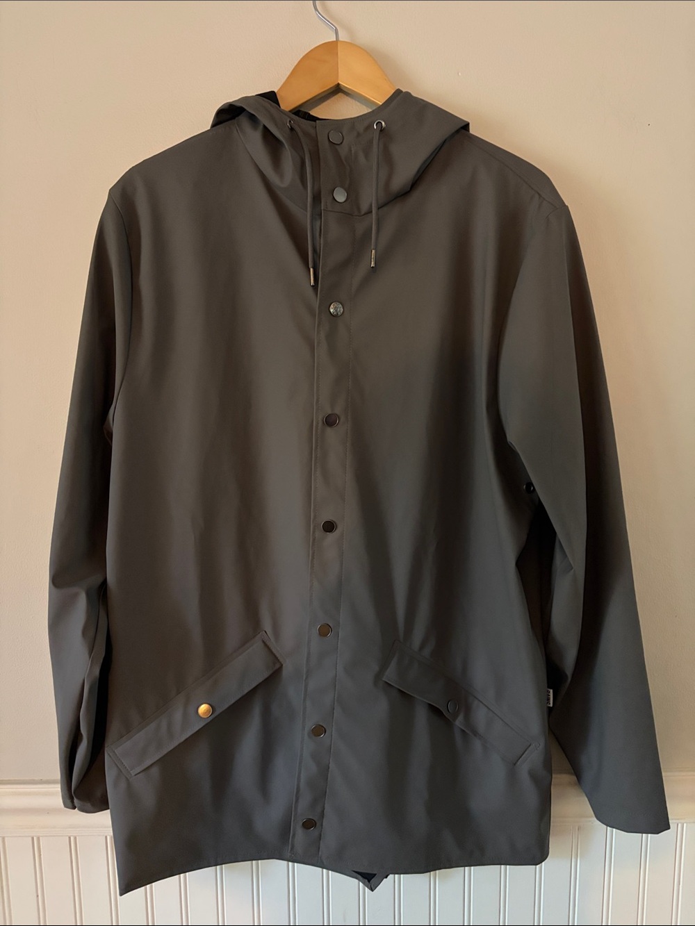Rains Unisex Drawstring Hooded Rain Parka Coat Jacket Ash Gray